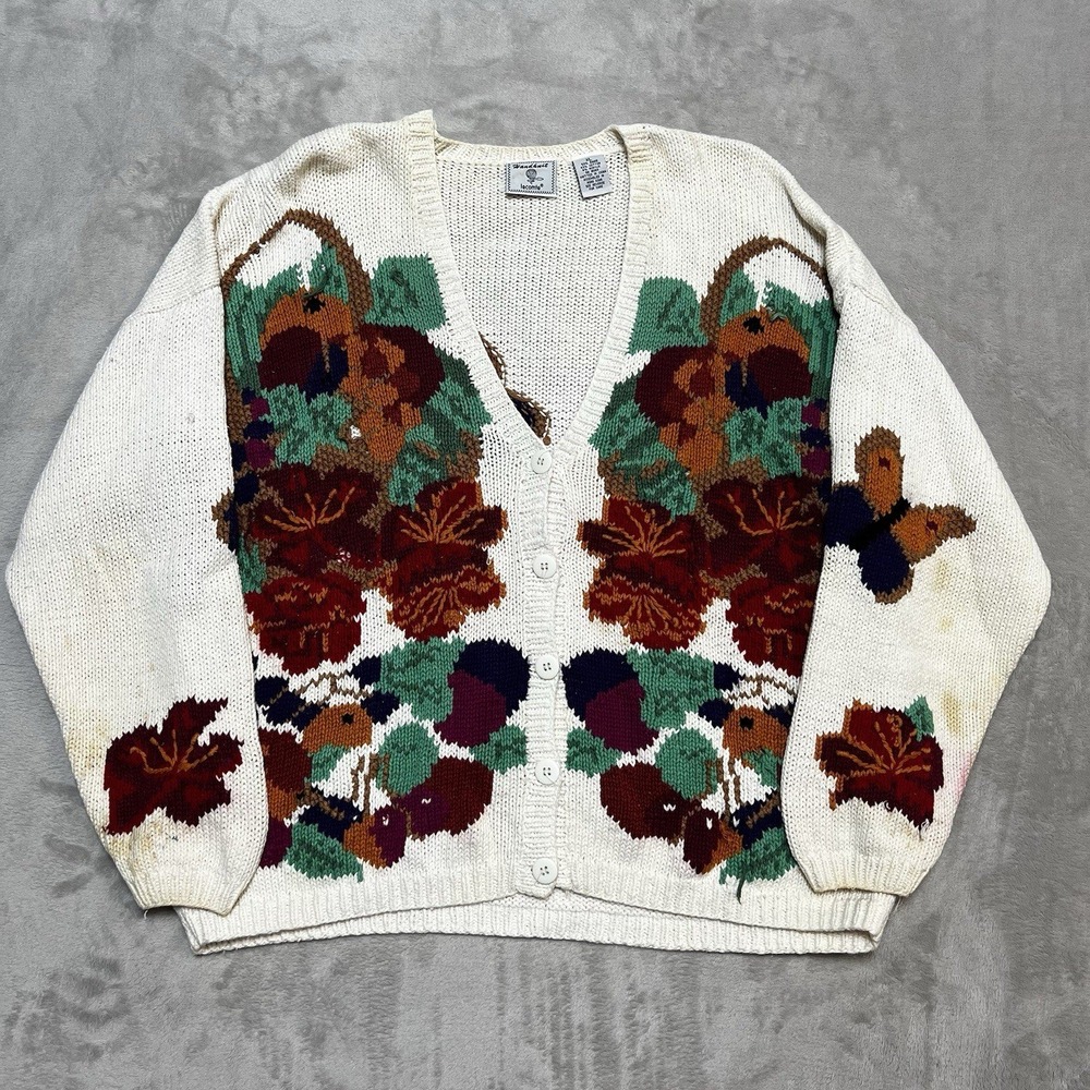 Vintage Lecomte Handknit Cardigan Women's Size XL Cream Floral Butterfly Sweater